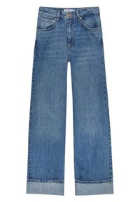 Džíny s širokými nohavicemi z jasně modrého denimu, s vysokým pasem, pěti kapsami a ohrnutým lemem. Hladký materiál se slabými vybledlými vzory.