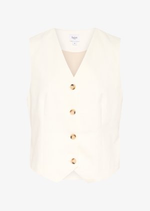 Gilet bianco senza maniche con scollatura a V profonda, forma strutturata e quattro bottoni dorati sul davanti. Tessuto liscio con una leggera lucentezza.