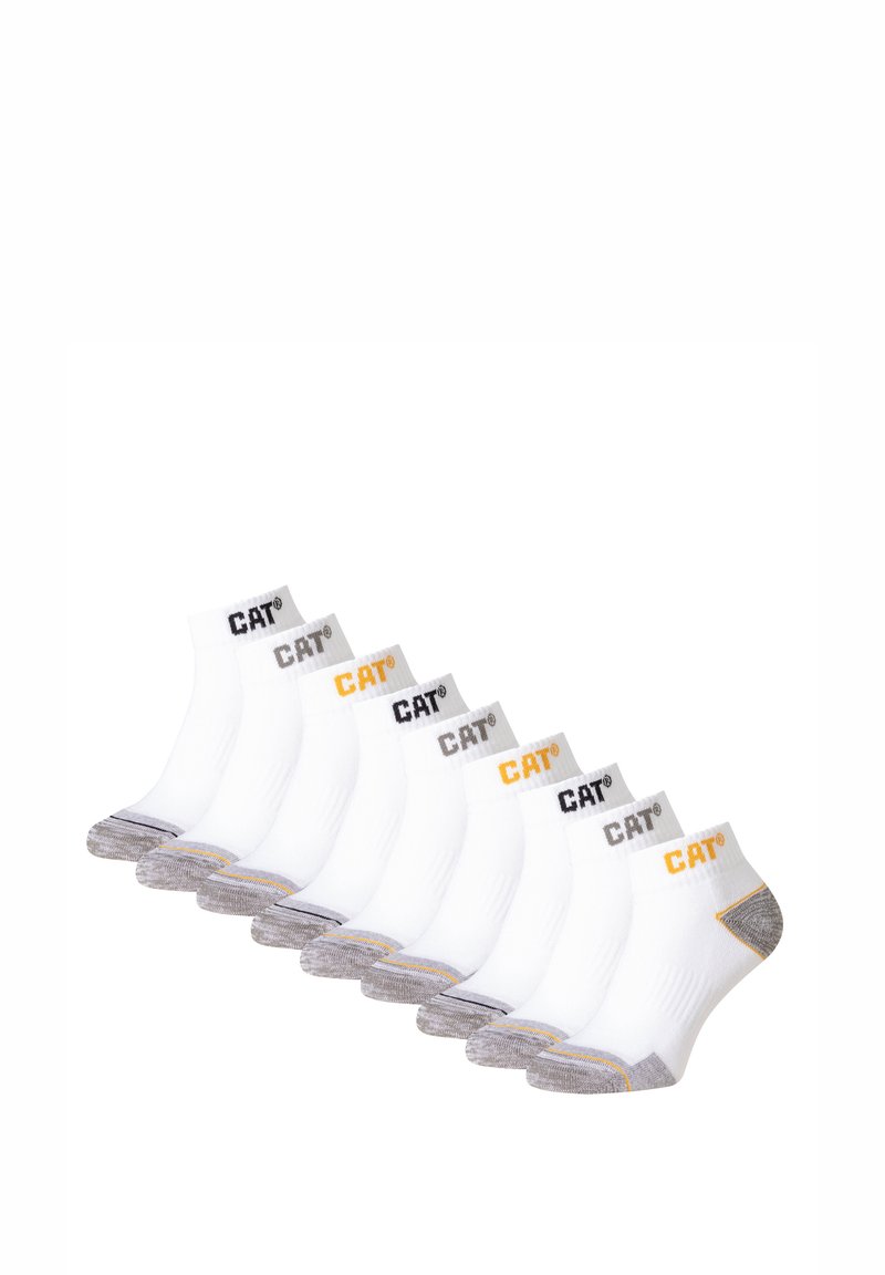 Witte enkel sokken met een textuurafwerking. Elke sok heeft een logo op de boord en contrasterende grijze en gele accenten bij de hiel.