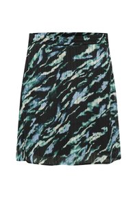 Jupe mini plissée noire avec un motif abstrait vert et bleu. Elle est dotée d'une taille élastique et d'un tissu texturé.