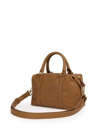 Borsa a mano in pelle marrone con doppi manici, tracolla regolabile e dettagli in hardware dorato. Texture liscia e forma rettangolare.
