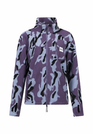 Lila und hellblaue Fleecejacke mit Camouflage-Muster, hohem Kragen, Reißverschluss und einer Brusttasche mit Etikett.