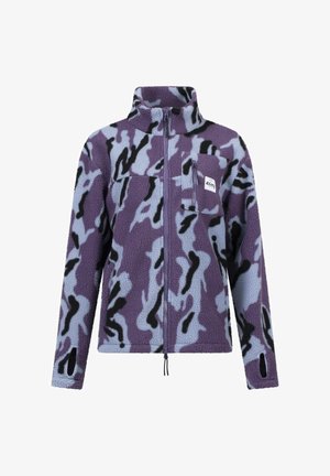 Purple and light blue fleece jacket featuring a camouflage pattern, high collar, zip closure, and a chest pocket with a label.