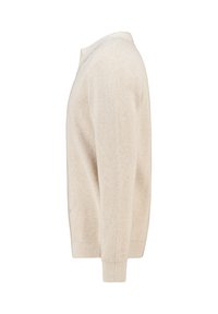 Beige gebreide trui met een gestructureerd patroon, met een kraag, lange mouwen en geribbelde manchetten aan de onderkant en de mouwen.