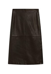 Black leather A-line skirt with a smooth texture, featuring seam detailing and a knee-length cut. No visible hardware or accents.