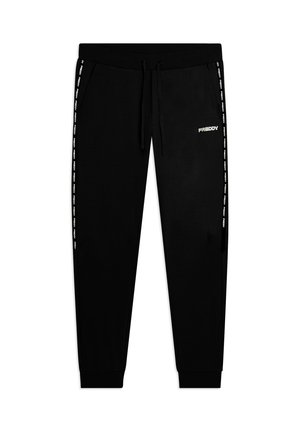 Pantaloni jogger neri con vita elastica, coulisse, tasche laterali e logo bianco "FREDDY" sulla coscia e lungo le cuciture laterali.