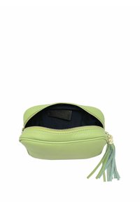 Borsa di pelle verde con chiusura a zip, dotata di un'etichetta interna, texture morbida e un piccolo pom pom decorativo con accenti in azzurro chiaro.