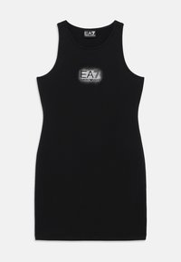 Fekete, ujjatlan ruha puha anyagból, testhez simuló szabással. Középen egy ezüst kontúros EA7 Emporio Armani logóval díszítve.