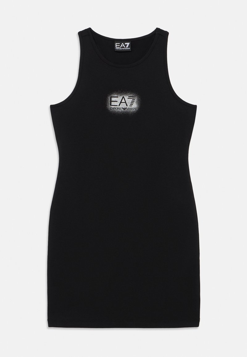 Fekete, ujjatlan ruha puha anyagból, testhez simuló szabással. Középen egy ezüst kontúros EA7 Emporio Armani logóval díszítve.