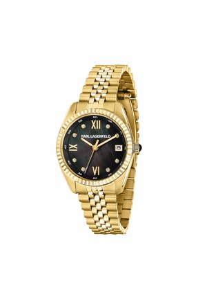 Orologio da polso color oro con quadrante nero, numeri romani a 12, 3, 6, 9, indici delle ore in cristallo, finestra della data e cinturino metallico a maglie.