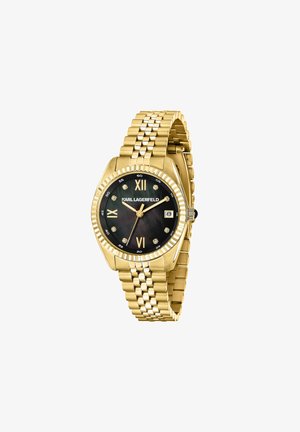 Orologio da polso color oro con quadrante nero, numeri romani a 12, 3, 6, 9, indici delle ore in cristallo, finestra della data e cinturino metallico a maglie.