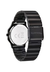 Schwarze Edelstahl-Armbanduhr mit flexiblem Band, runder Gehäuseform und minimalistischem Design. Rückseite mit eingravierten Herstellerinformationen.