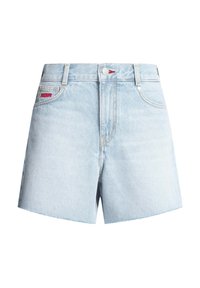 Φωτεινά μπλε τζιν σορτς με ψηλή μέση, εμπρόσθιο κουμπί, πέντε τσέπες και κόκκινη κεντητή επιγραφή "RGR" στην μικρή εμπρόσθια τσέπη.