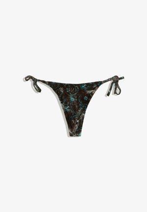 Zwarte bikinibroek met blauwe bloemenpatronen en zijstrikjes op een witte achtergrond.