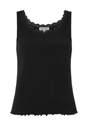 Schwarzes ärmelloses geripptes Tanktop mit Spitzenbesatz rund um den Ausschnitt und leicht gerafftem Saum, mit dem Aufdruck "MORE & MORE" im Kragen.