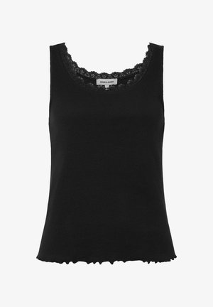 Schwarzes ärmelloses geripptes Tanktop mit Spitzenbesatz rund um den Ausschnitt und leicht gerafftem Saum, mit dem Aufdruck "MORE & MORE" im Kragen.
