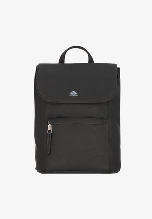 Mochila de cuero negro con forma estructurada, cierre con solapa y bolsillo frontal con cremallera. Presenta un emblema de logo y un asa superior para llevar.