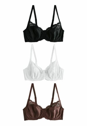 Drei Spitzen-Unterstützungs-BHs in Schwarz, Weiß und Braun, vertikal auf weißem Hintergrund angeordnet.