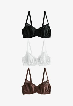 Kolme pitsiviimeistettyä toppaliivejä tukikaarella, väreissä musta, valkoinen ja ruskea, aseteltuna pystysuoraan valkoisella taustalla.