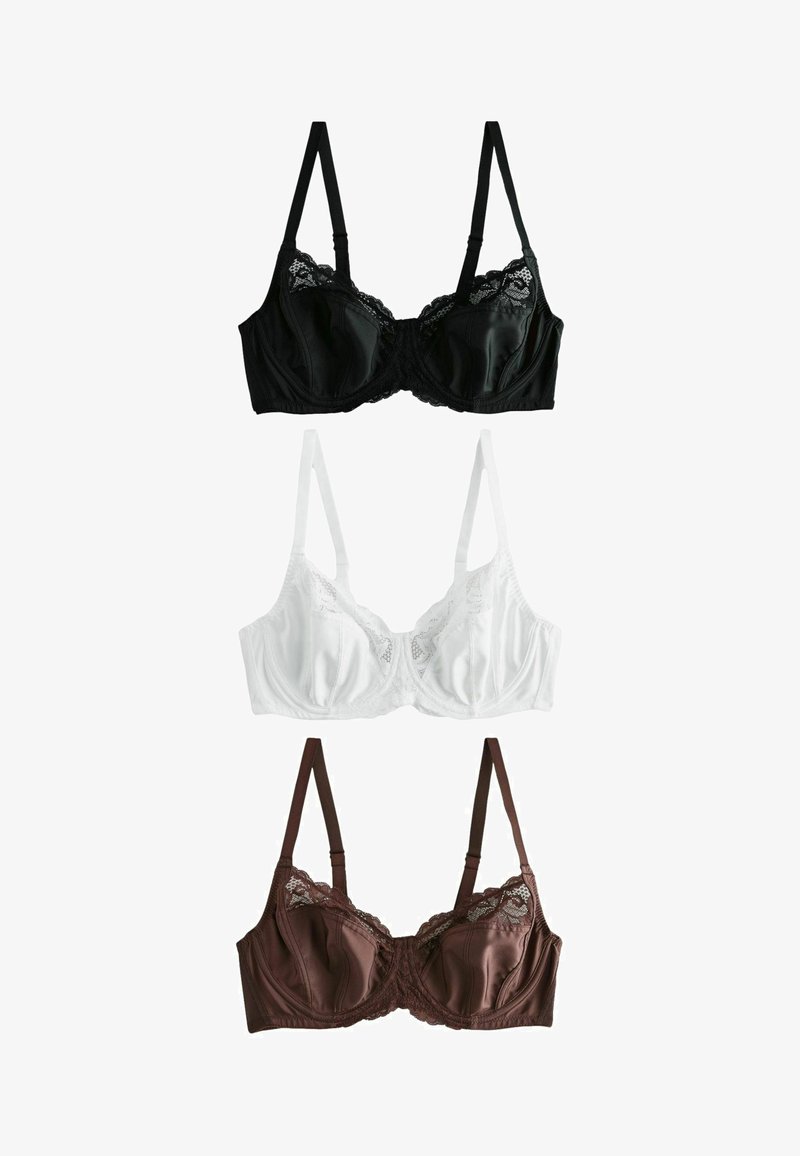 Drei Spitzen-Unterstützungs-BHs in Schwarz, Weiß und Braun, vertikal auf weißem Hintergrund angeordnet.