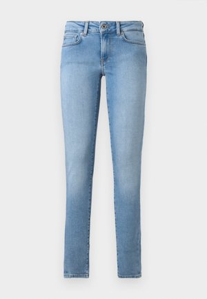 Lyseblå denimjeans med lige ben, fem lommer og lukning med knap foran. Glat tekstur med en slidt finish.