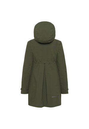 Olive green hooded raincoat with long sleeves, adjustable cuffs, and a rear pleat for added movement.
