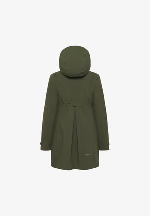 Olivgrüner Regenmantel mit Kapuze, langen Ärmeln, verstellbaren Manschetten und einer Rückenfalte für mehr Bewegungsfreiheit.