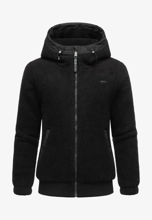 Sort fleece hættetrøje med lynlås fortil, struktureret stof, elastiske ærmer og to sidelommer, med justerbar snoretræk i hætten.