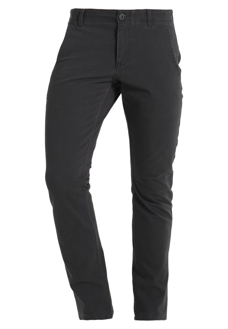 Černé slim-fit kalhoty s poutky na opasek, předním knoflíkem, zipovým uzávěrem a bočními kapsami, zobrazené na bílém pozadí.