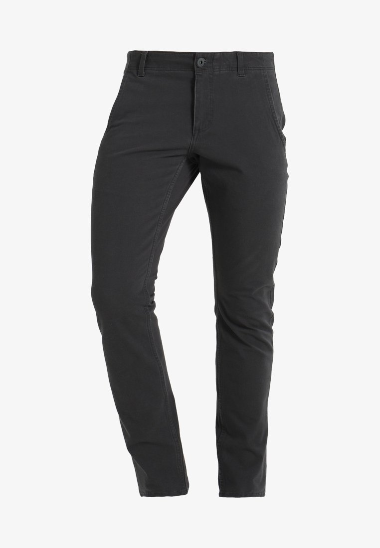Černé slim-fit kalhoty s poutky na opasek, předním knoflíkem, zipovým uzávěrem a bočními kapsami, zobrazené na bílém pozadí.