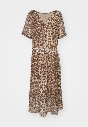 Robe en imprimé léopard en tissu léger, avec un décolleté en V, des manches courtes, une taille élastique et une jupe fluide.