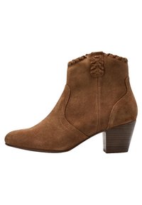 Brown suede ankle boot with a pointed toe, decorative ruching at the top, and a medium wooden heel. Clean lines and smooth texture.