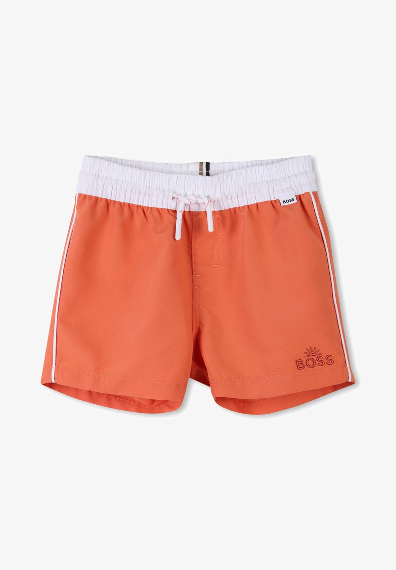 Shorts de bain orange avec ceinture élastique blanche, fermeture à cordon de serrage et rayures blanches sur les côtés ; logo brodé à l'avant.