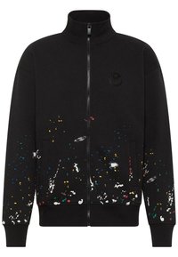 Black zip-up sweatshirt with a high collar, featuring a textured fabric and multicolored paint splatter details at the bottom. Black logo on upper chest.