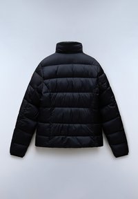 Zwarte pufferjas met een hoge kraag, voorzien van horizontale gestikte details, lange mouwen en een cropped silhouet.