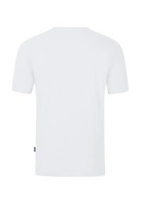 Witte korte mouwen t-shirt met een ronde hals, gladde textuur en een klein zijlabel, gepresenteerd vanuit de achterkant.