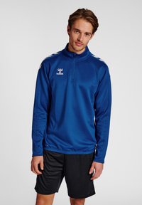 Felpa sportiva blu con design a mezza zip, caratterizzata da strisce bianche sulle spalle e un logo sul petto. Tessuto leggero.