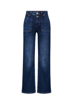 Niebieskie jeansy z denimu o szerokich nogawkach, wysokim stanie, przednimi naszywanymi kieszeniami, zapięciem na guzik i suwak oraz widocznym przeszyciem.