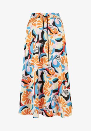 Midikleid mit floralem Druck, elastischem Taillenbund, Kordelzug und lebhaften Farben wie Orange, Blau und Schwarz auf einem cremefarbenen Hintergrund.