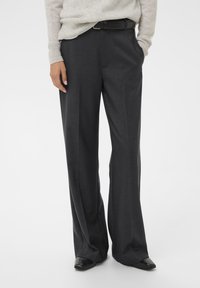 Dark gray wide-leg trousers made of smooth fabric, featuring two front pockets and a flat front design, paired with a black belt.