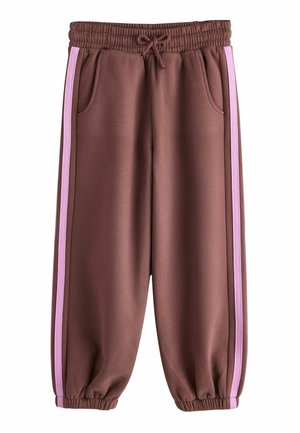 Brown sweatpants with elastic waist and cuffs, featuring light pink stripes down the sides and front pockets.