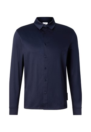 Marineblaue, langärmelige Hemdjacke mit spitzem Kragen, dargestellt auf weißem Hintergrund.