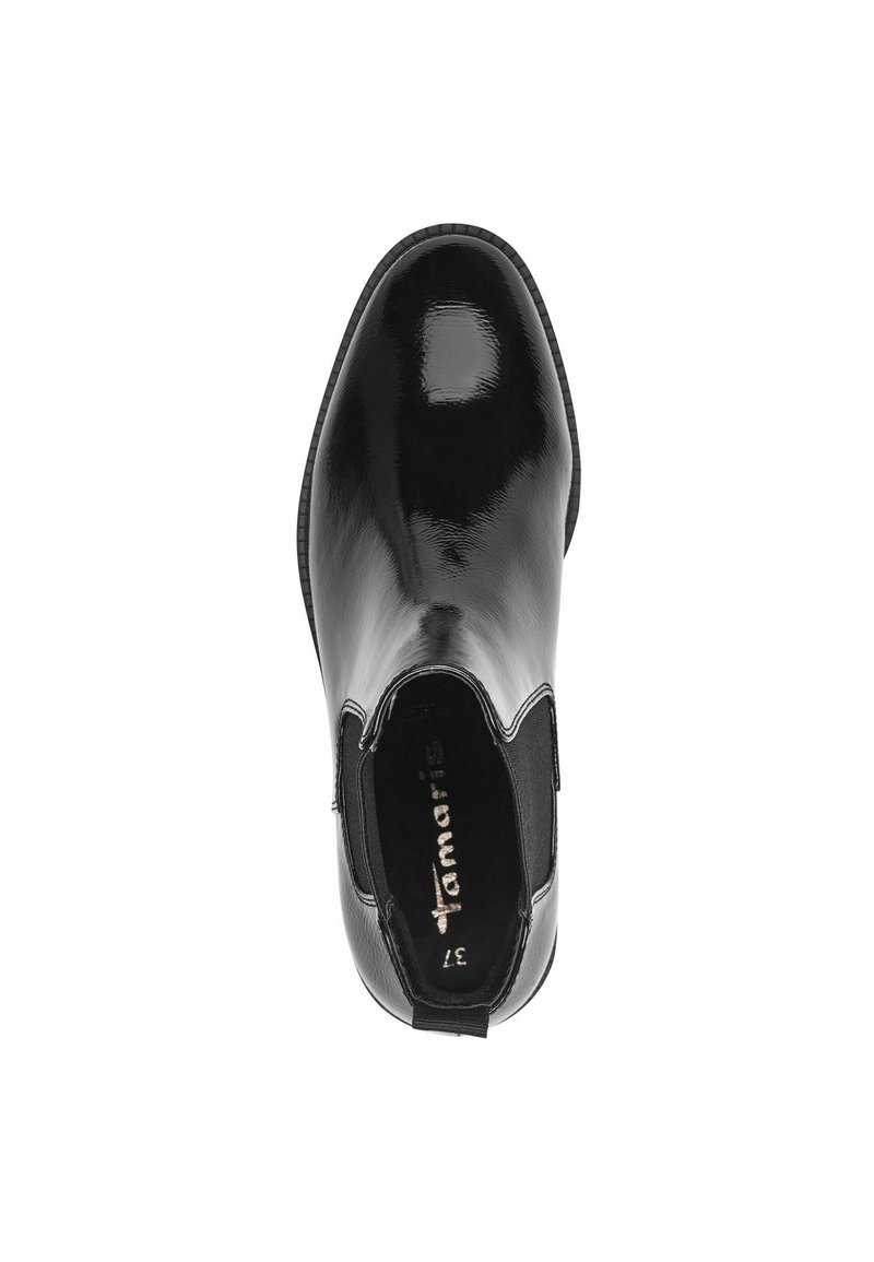 Bottines noires en cuir verni avec des panneaux latéraux élastiques, bout arrondi et semelle texturée. L'intérieur présente un logo de la marque sur la semelle.