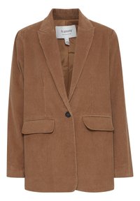 Brun kordflorsblazer med slagkrage, två fickor fram, enkel knappstängning och en slät foder.