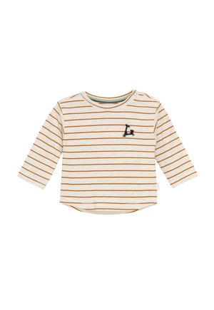 Langarmshirt in Crema mit dünnen braunen Streifen, versehen mit einem kleinen gestickten Akzent. Weiches Baumwollmaterial, runder Hals mit Druckknopfverschluss.