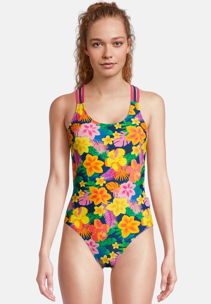 Maillot de bain fleuri multicolore avec un fond marine, présentant des fleurs roses et jaunes, des bretelles larges et une coupe ajustée.