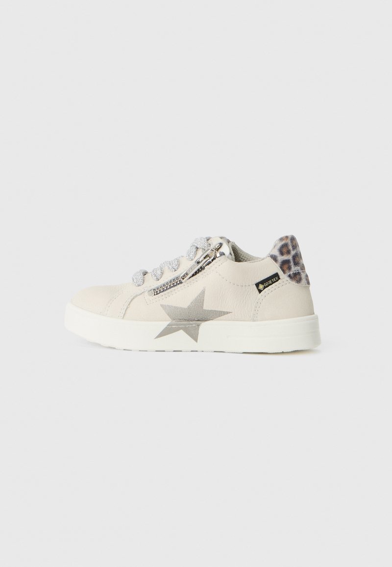 Beige leather sneaker with a silver star design, glittery laces, and a leopard print accent at the heel. Features a zip closure on the side.