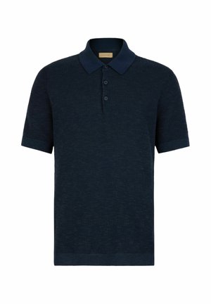 Dunkel marineblaues kurzärmeliges Poloshirt aus strukturiertem Strickstoff, mit Dreiknopfleiste und klassischem Kragen.