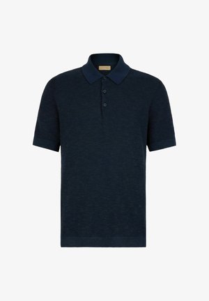 Dunkel marineblaues kurzärmeliges Poloshirt aus strukturiertem Strickstoff, mit Dreiknopfleiste und klassischem Kragen.