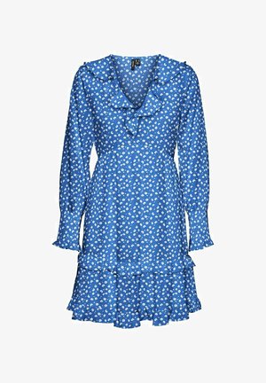Robe bleue à manches longues avec imprimé floral blanc, encolure en V à volants, taille ajustée et jupe à volants à étages avec ourlet à volants.